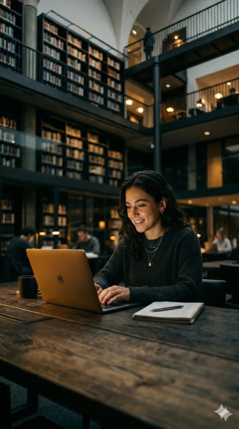 College student learning AI prompting skills in a library